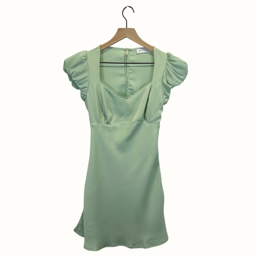 All In Favor Mini Dress Sz  XS Sage Green Puff Sleeve Coquette Fairy Dress NWT